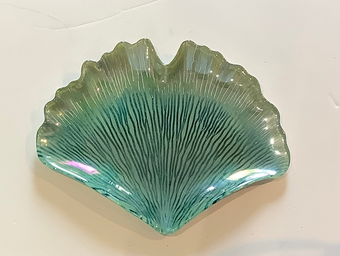 Green glass sea shell dish.Cc