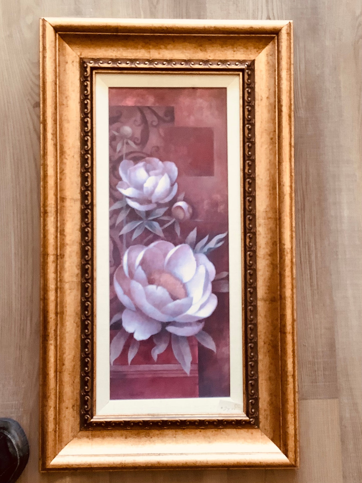 2 Flowers Art gold frame 16x 28. CC