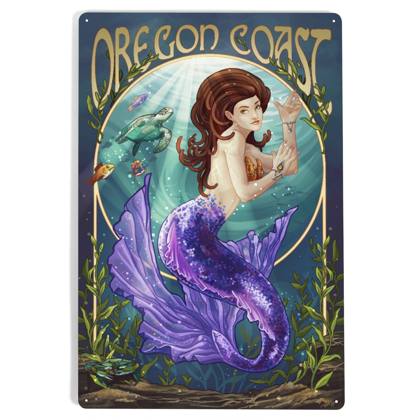 Mermaid Oregon Coast, Purple Tail: 6x9 Metal Sign