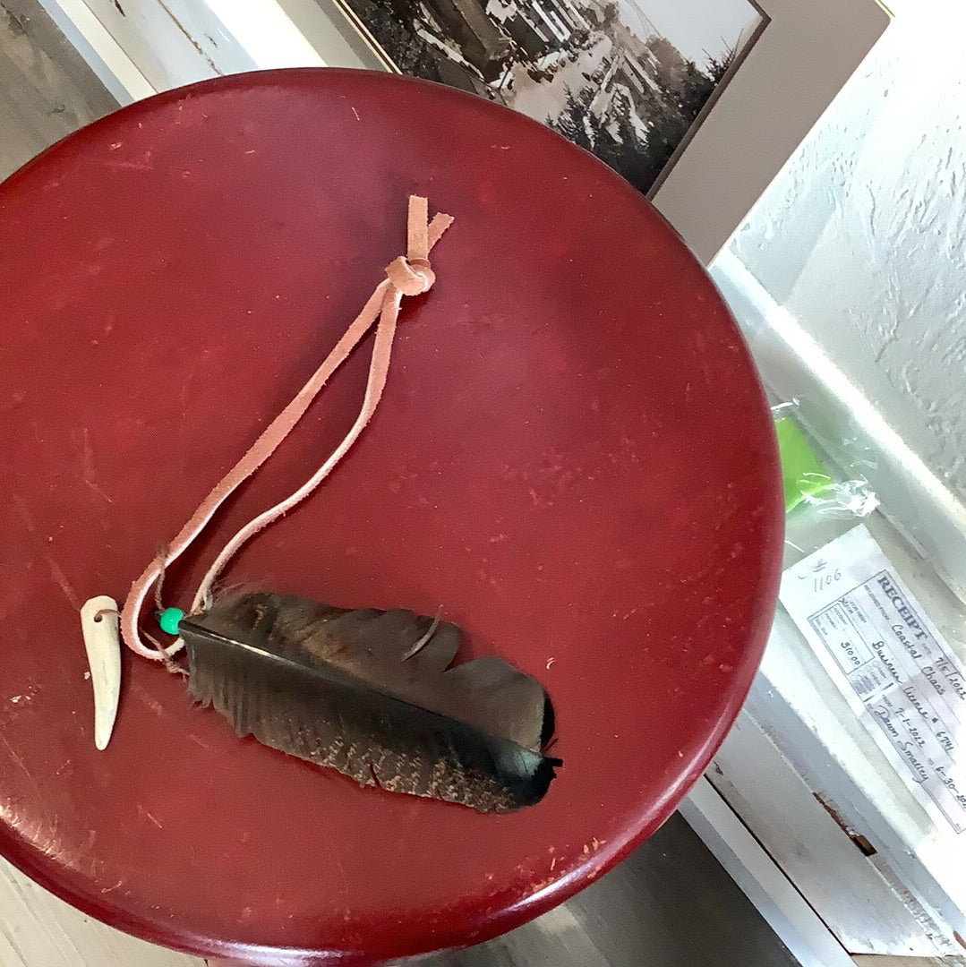 Turkey Feather and Antler rear view mirror hanger. Shed