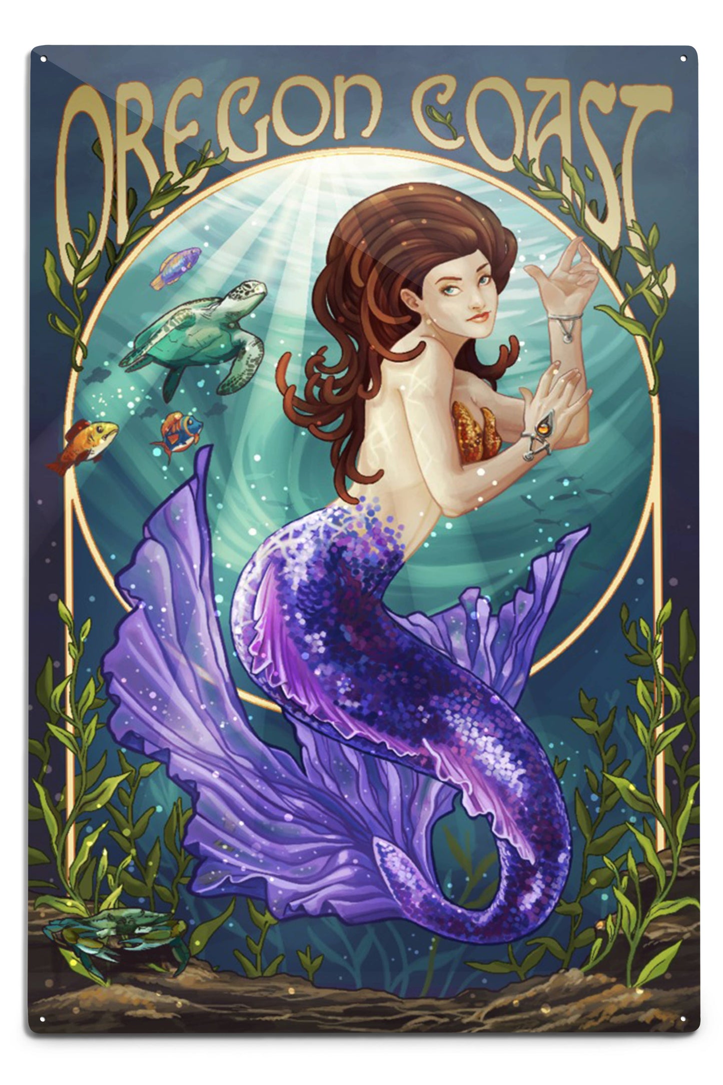 Mermaid Oregon Coast, Purple Tail: 6x9 Metal Sign