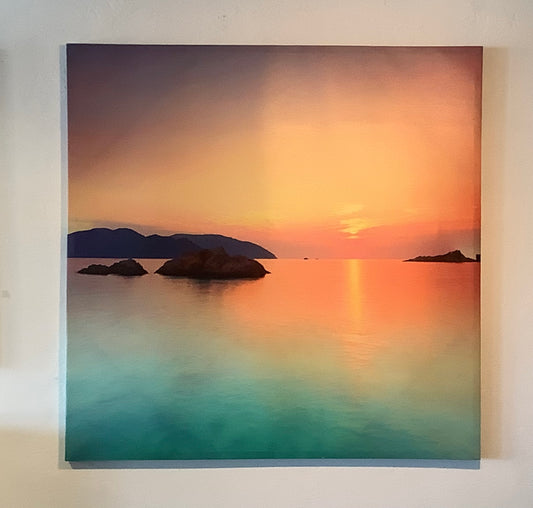 Ocean sunset mountain and rocks CC