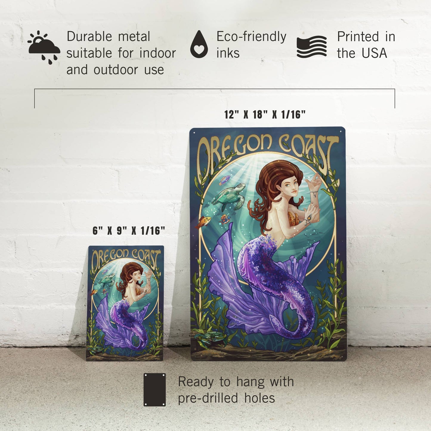 Mermaid Oregon Coast, Purple Tail: 6x9 Metal Sign