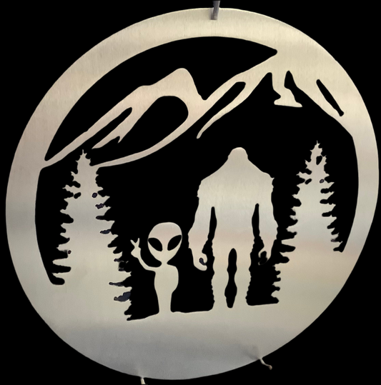 Bigfoot and Alien metal sign. 10%off