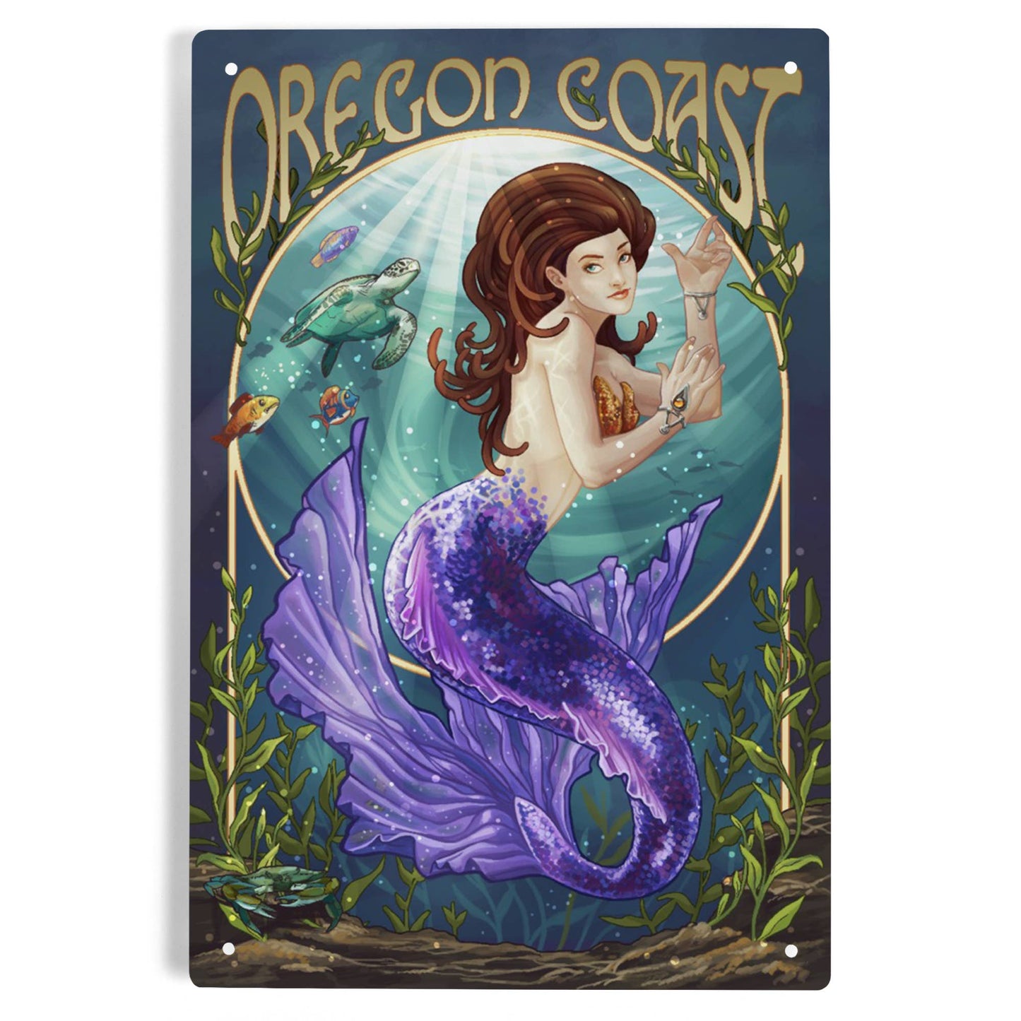 Mermaid Oregon Coast, Purple Tail: 6x9 Metal Sign