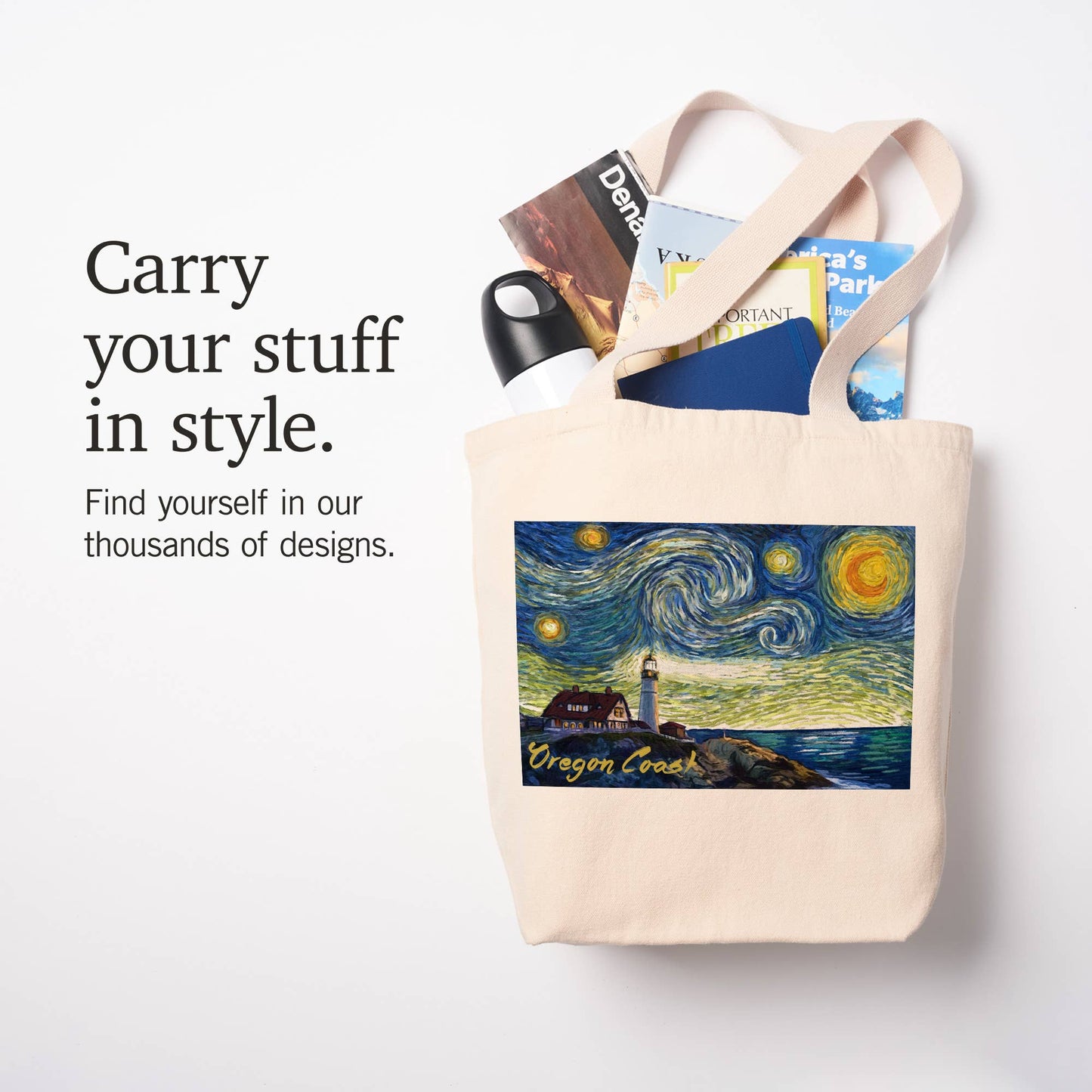 Starry Night Lighthouse Tote Bag