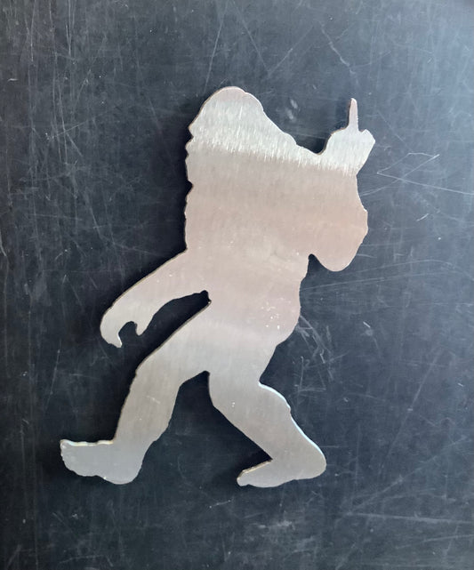 Bigfoot flipping the bird metal magnet.
